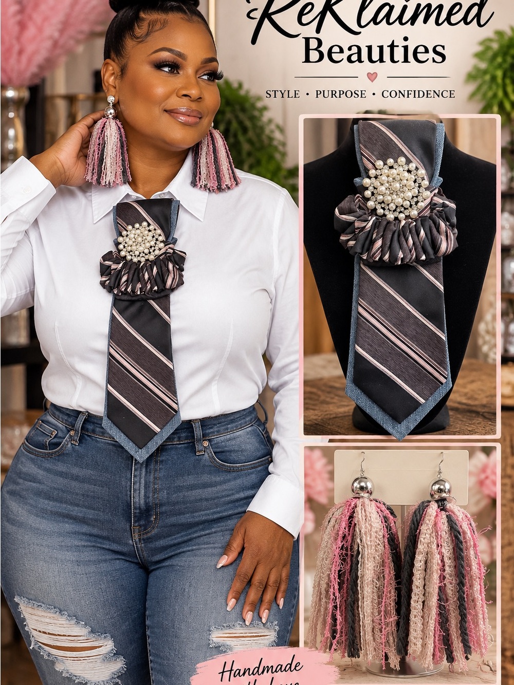 Pink & Black Statement Tie Necklace with Pearl Cluster